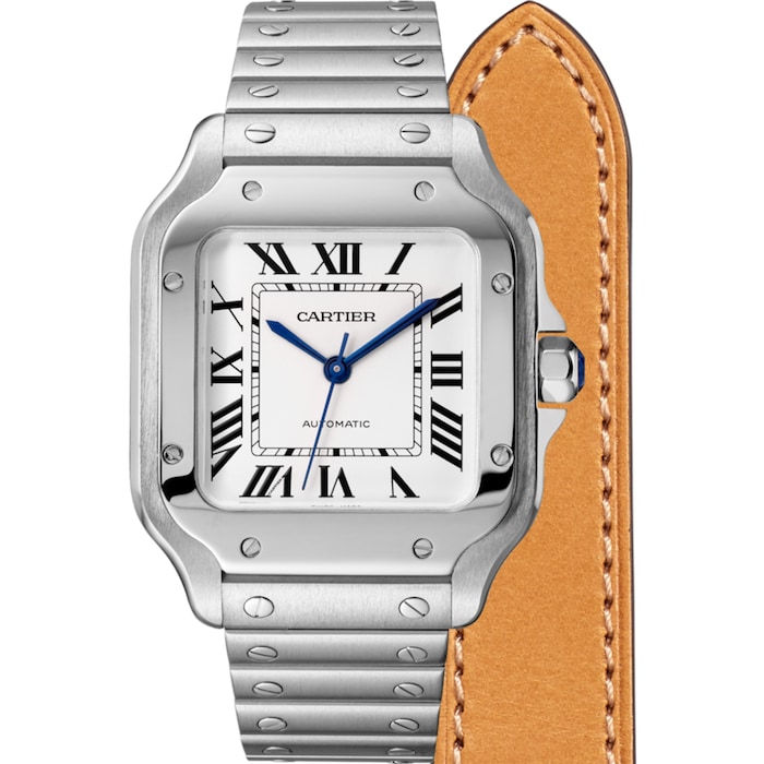 Santos De Cartier Watch Medium Model, Automatic Movement, Steel, Interchangeable Metal And Leather Bracelets Santos De Cartier Watch Medium Model, Automatic Movement, Steel, Interchangeable Metal And Leather Bracelets